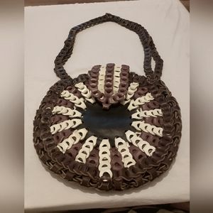 Handmade leather weaved handbag.Brown,Tan n white